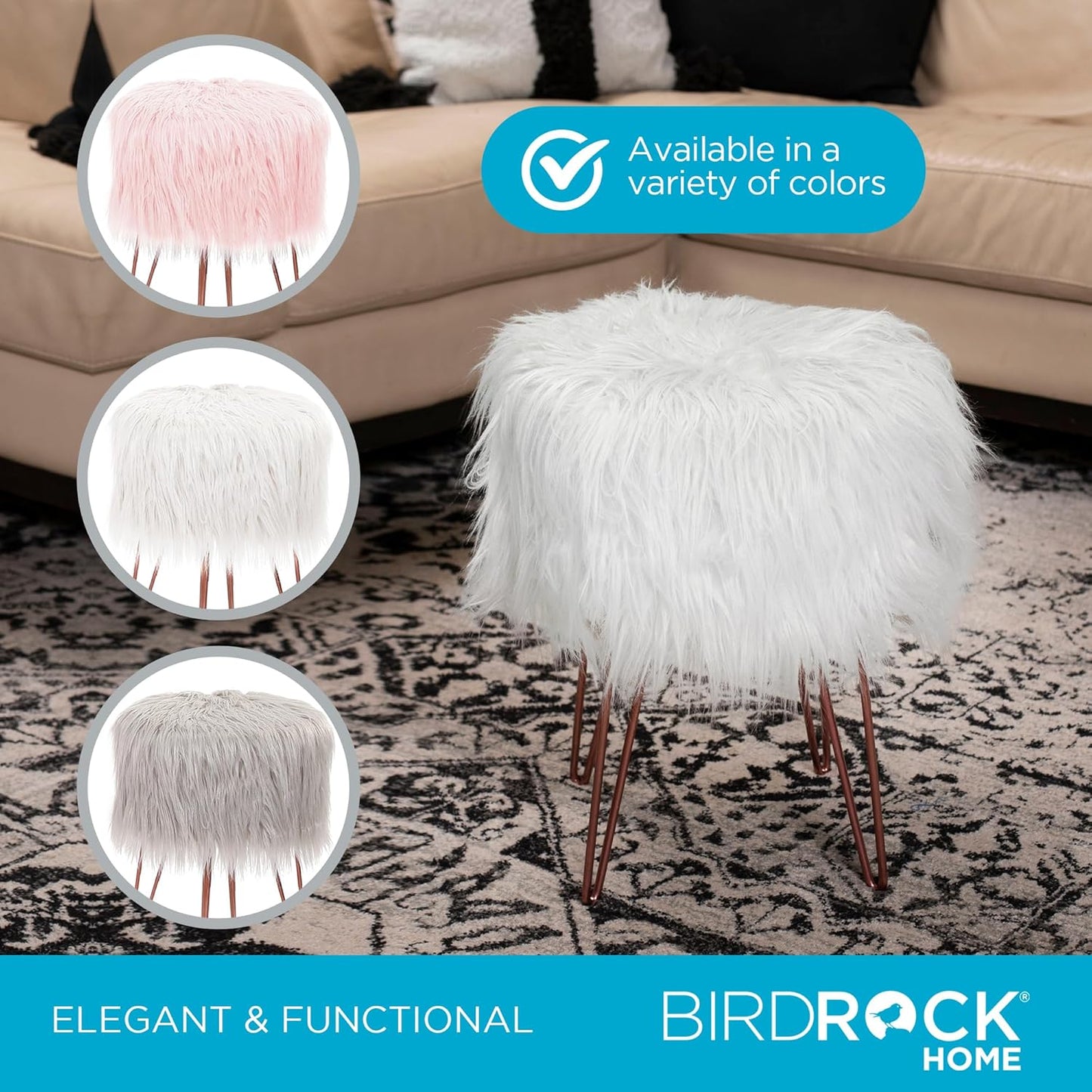 White Faux Fur Vanity Stool Chair