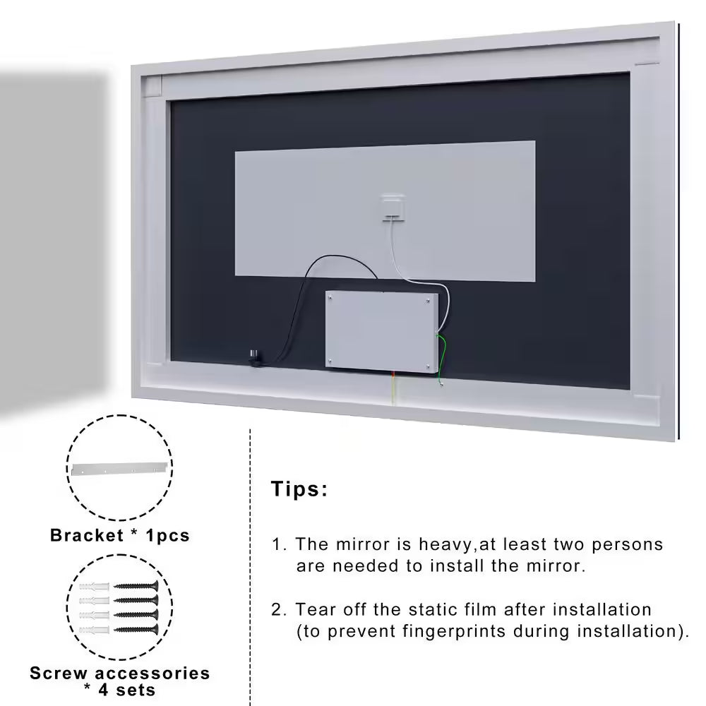 36 In. W X 60 In. H Rectangular Frameless Anti-Fog Front and Backlit LED Wall Mirror Bathroom Vanity Mirror