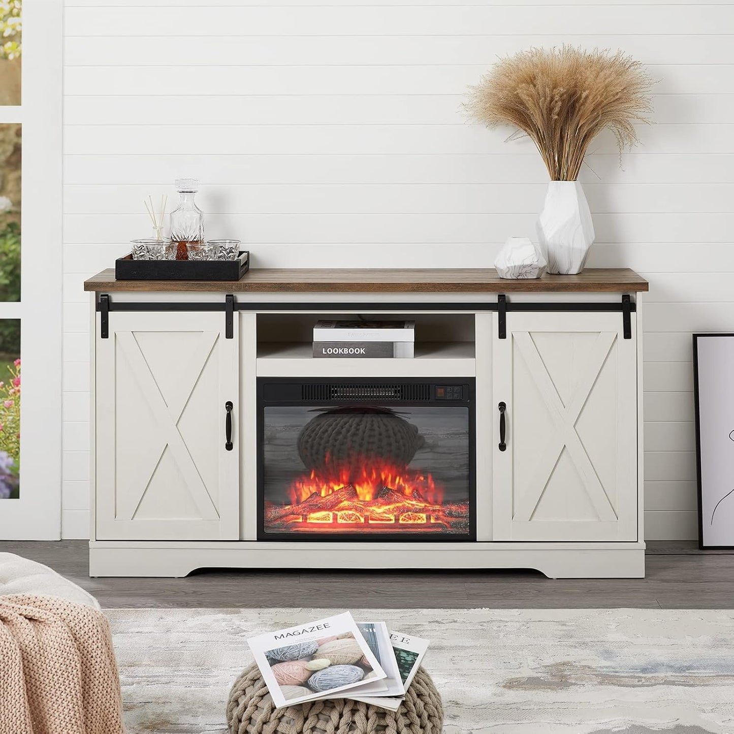 Fireplace TV Stand with Sliding Barn Door for Tvs up to 65", Farmhouse 59" Fireplace Entertainment Center with Storage Cabinets/Adjustable Shelves, Distressed White & Barnwood