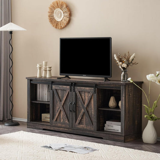 66" Farmhouse TV Stand for 75 Inches Tvs, Entertainment Center with Sliding Barn Door and Adjustable Shelf & Feet, Console Table with Storage, Dark Rustic Oak