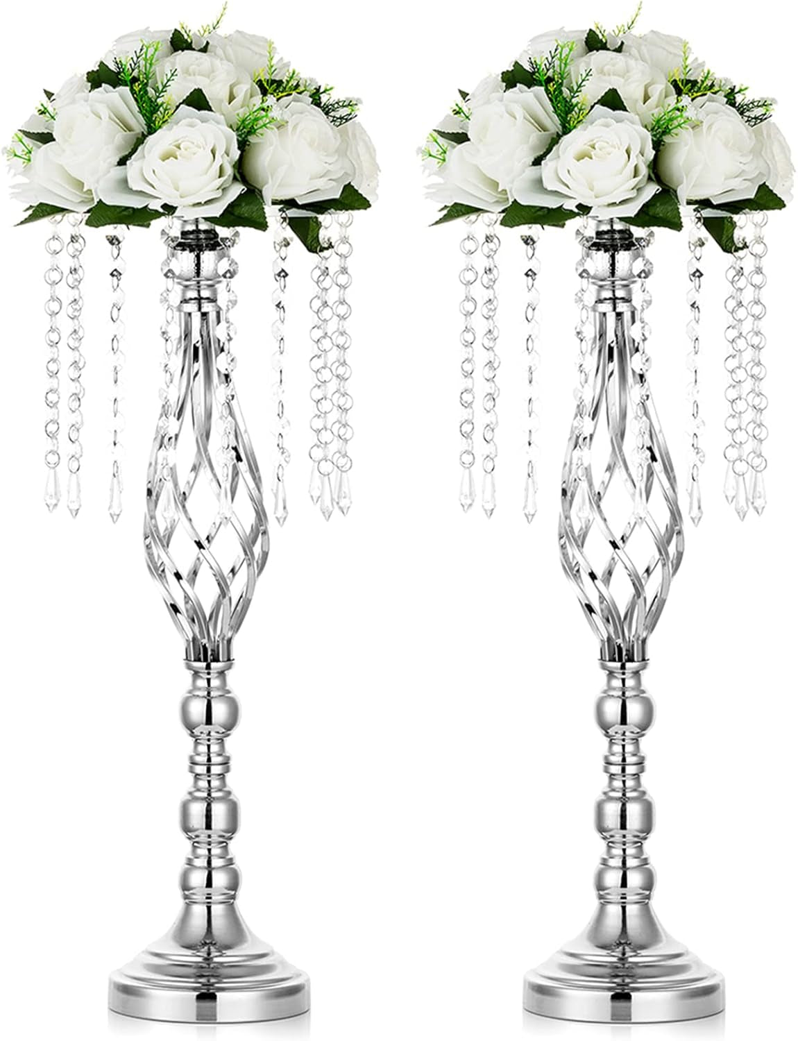 2 Pcs Silver Wedding Centerpieces Flower Stand, 21.7In/55Cm Height Wedding Road Lead Flower Vases, Crystal Artificial Flower Arrangements for Wedding Party Birthday Event Reception Home Decor