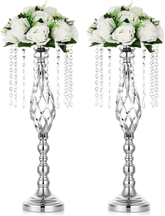 2 Pcs Silver Wedding Centerpieces Flower Stand, 21.7In/55Cm Height Wedding Road Lead Flower Vases, Crystal Artificial Flower Arrangements for Wedding Party Birthday Event Reception Home Decor