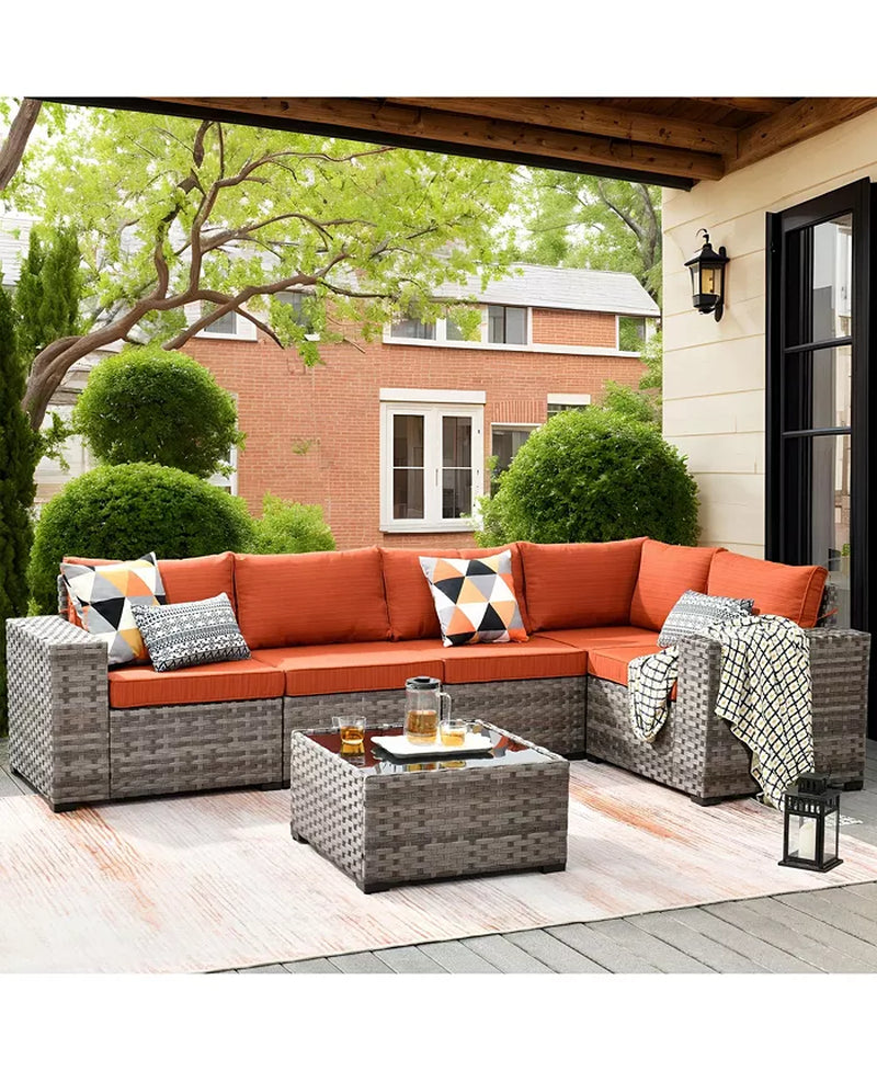 Patio Furniture Set,6 Piece Outdoor Sectional Sofa Couch Set,Patio Conversation Set with Modular Wicker Chairs,Widened Armrest,Side Table,Orange Red