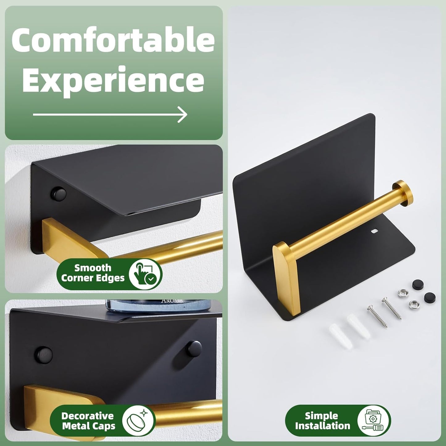 Black Gold Toilet Paper Holder with Phone Shelf, 304 Stainless Steel Bathroom Paper Holder Wall Mounted, Heavy Duty Tissue Roll Dispenser