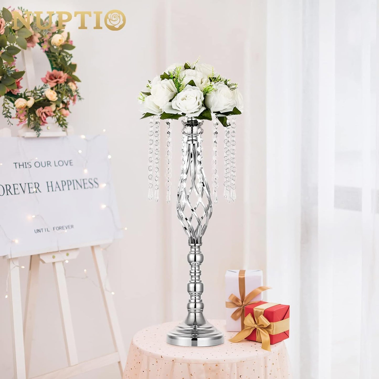 2 Pcs Silver Wedding Centerpieces Flower Stand, 21.7In/55Cm Height Wedding Road Lead Flower Vases, Crystal Artificial Flower Arrangements for Wedding Party Birthday Event Reception Home Decor