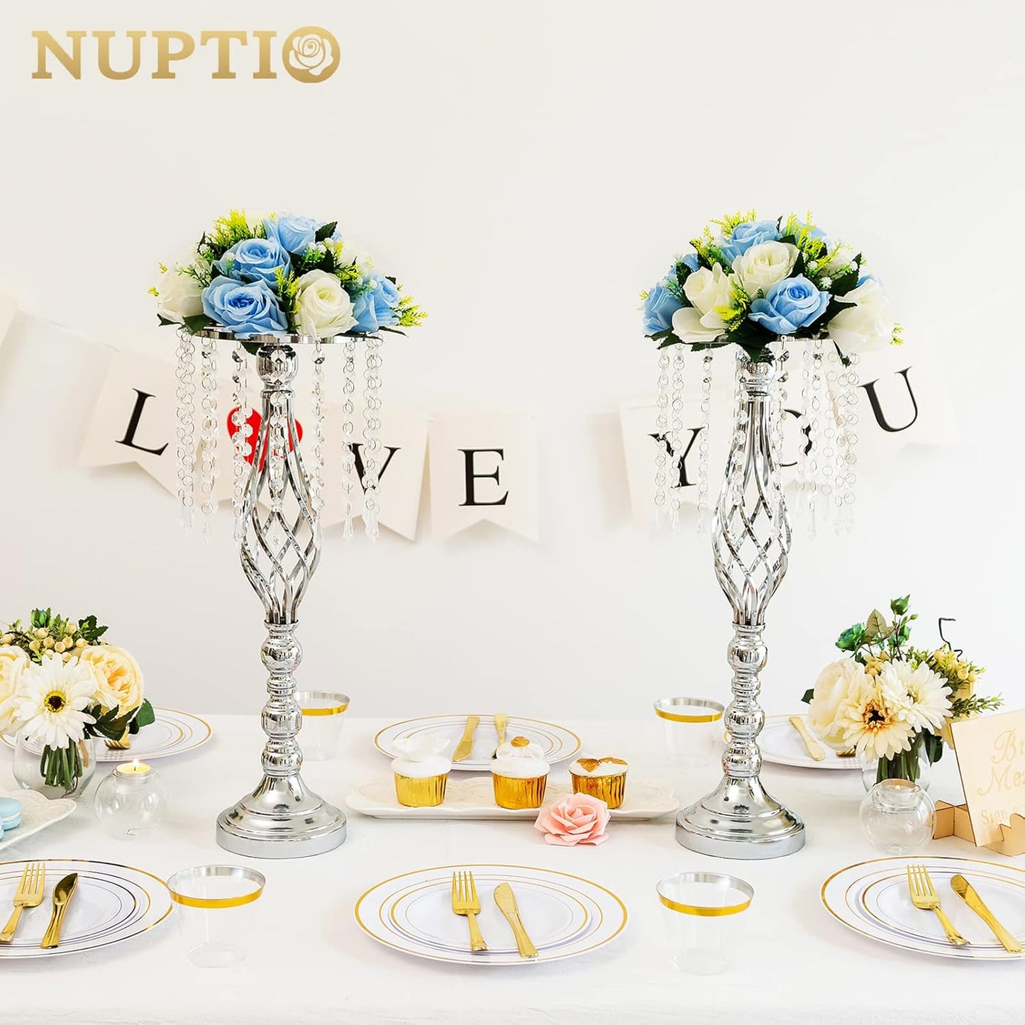 2 Pcs Silver Wedding Centerpieces Flower Stand, 21.7In/55Cm Height Wedding Road Lead Flower Vases, Crystal Artificial Flower Arrangements for Wedding Party Birthday Event Reception Home Decor