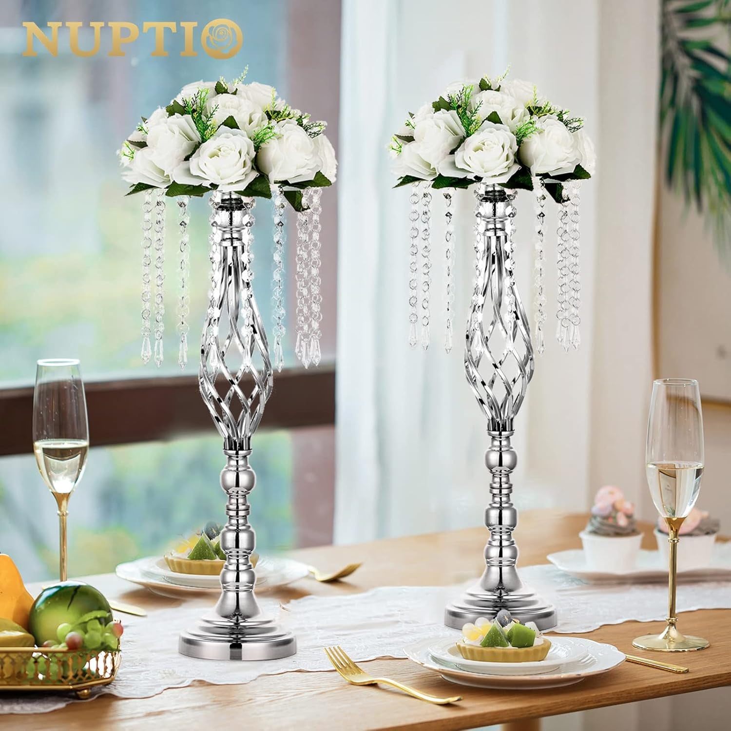 2 Pcs Silver Wedding Centerpieces Flower Stand, 21.7In/55Cm Height Wedding Road Lead Flower Vases, Crystal Artificial Flower Arrangements for Wedding Party Birthday Event Reception Home Decor