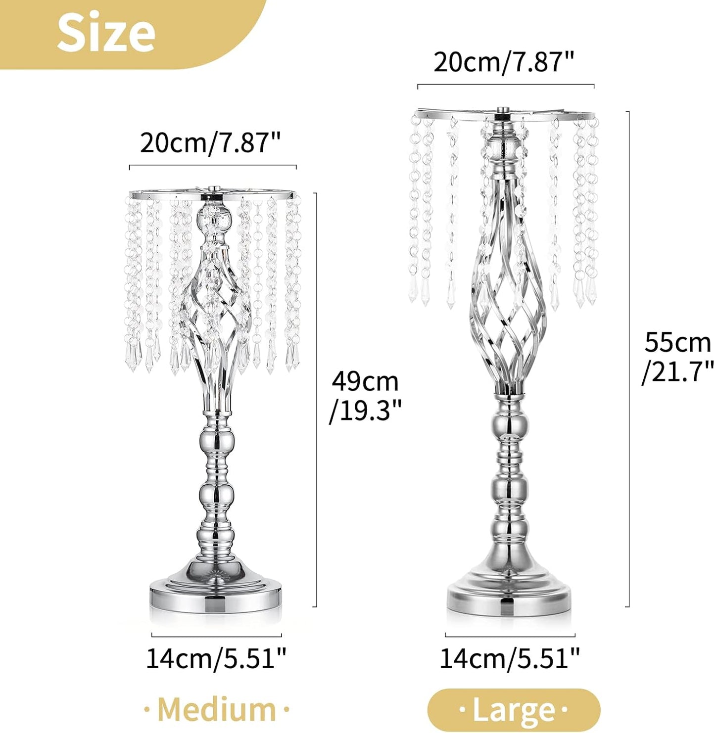 2 Pcs Silver Wedding Centerpieces Flower Stand, 21.7In/55Cm Height Wedding Road Lead Flower Vases, Crystal Artificial Flower Arrangements for Wedding Party Birthday Event Reception Home Decor