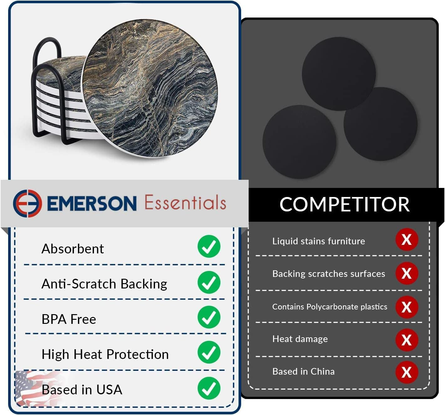 Emerson Coasters for Drinks Absorbent – Natural Stone Drink Coasters Set with Holder, Coasters for Coffee Table, Wooden Tabletop Protection Marble Style – 100% Heavy Duty Set of 6 (Royal)