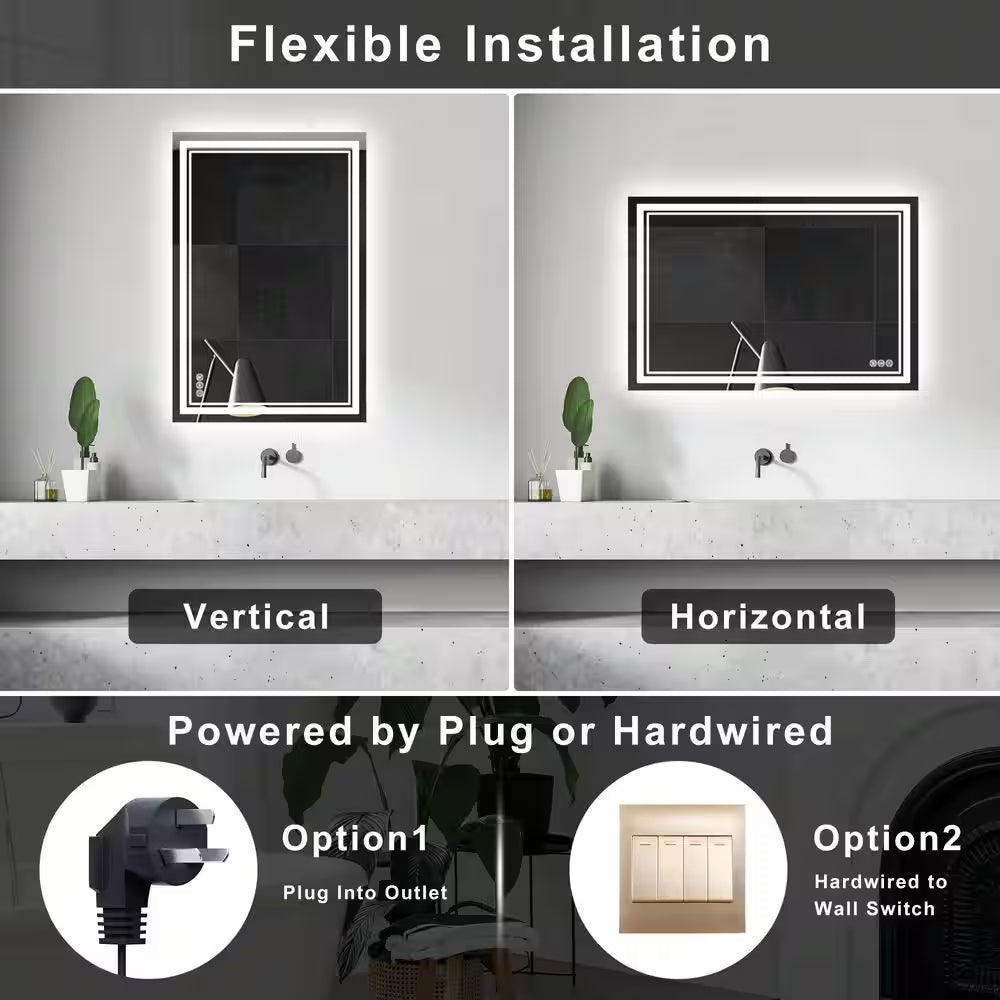 36 In. W X 60 In. H Rectangular Frameless Anti-Fog Front and Backlit LED Wall Mirror Bathroom Vanity Mirror