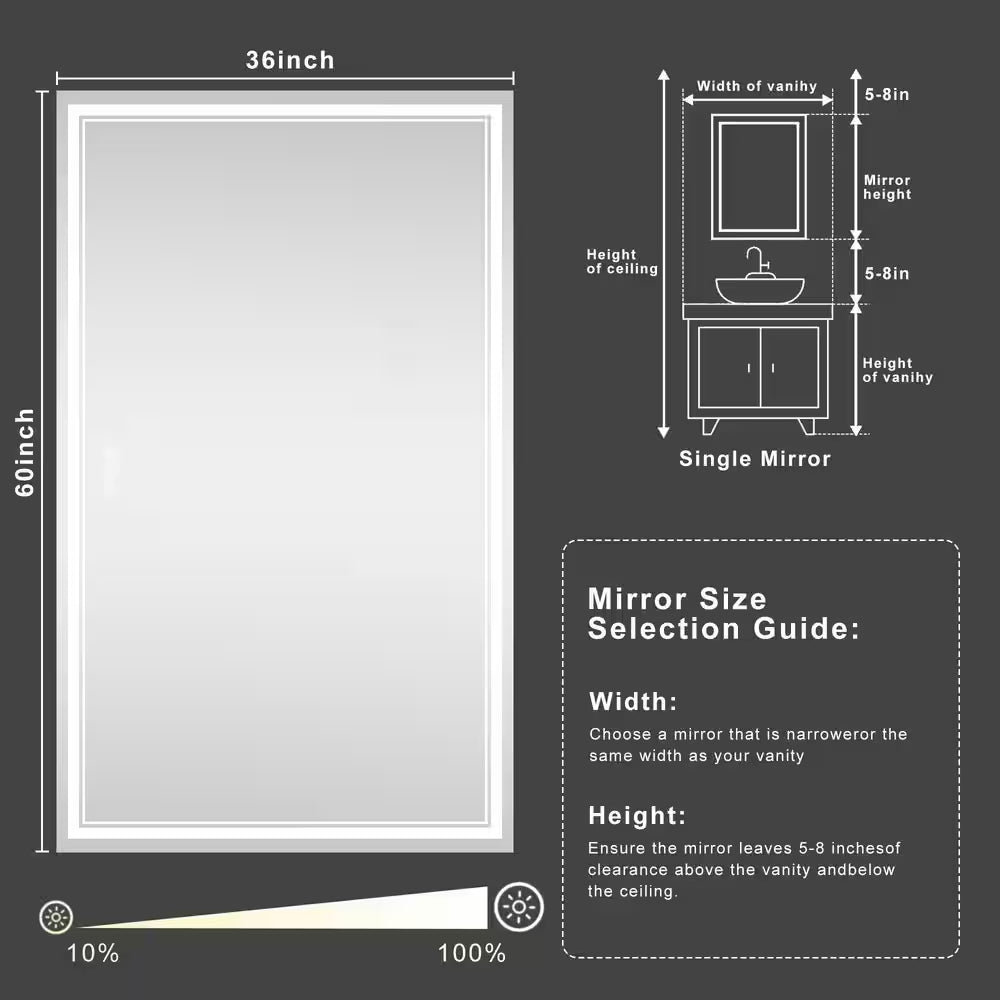 36 In. W X 60 In. H Rectangular Frameless Anti-Fog Front and Backlit LED Wall Mirror Bathroom Vanity Mirror