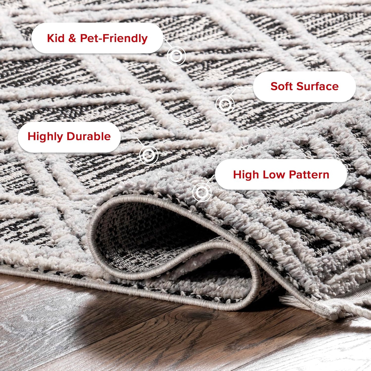 9X12 Ansley Moroccan Tassel Area Rug, Grey, High-Low Textured Bohemian Design, Plush High Pile, Stain Resistant, for Bedroom, Living Room, Hallway, Entryway