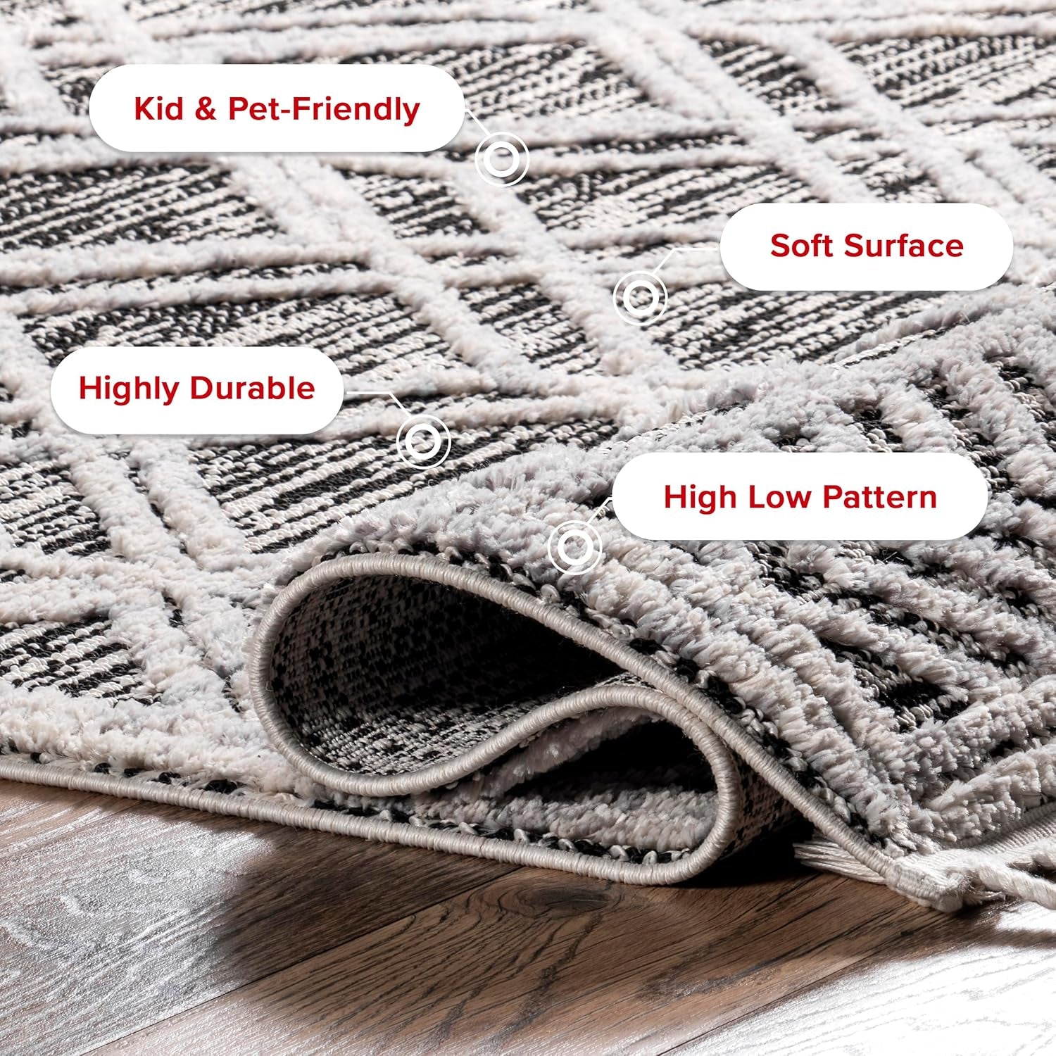 9X12 Ansley Moroccan Tassel Area Rug, Grey, High-Low Textured Bohemian Design, Plush High Pile, Stain Resistant, for Bedroom, Living Room, Hallway, Entryway