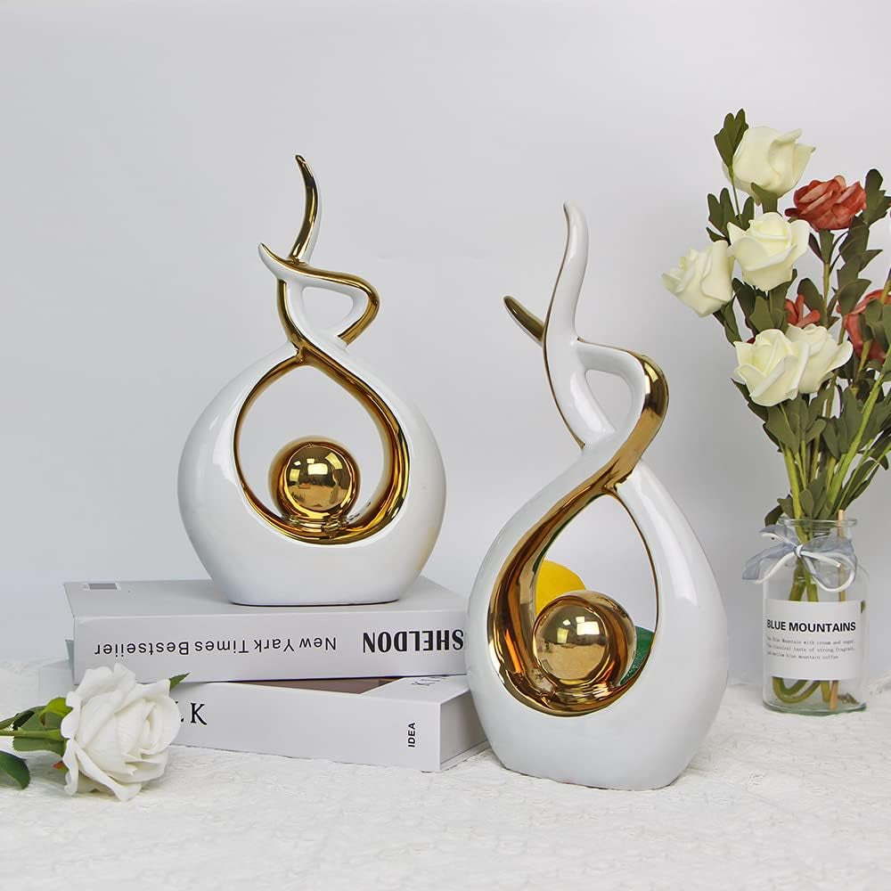 Home Decor Modern Abstract Art Ceramic Statue Table Decorations for Dining Room Living Room Office Centerpiece (White and Gold, Small)