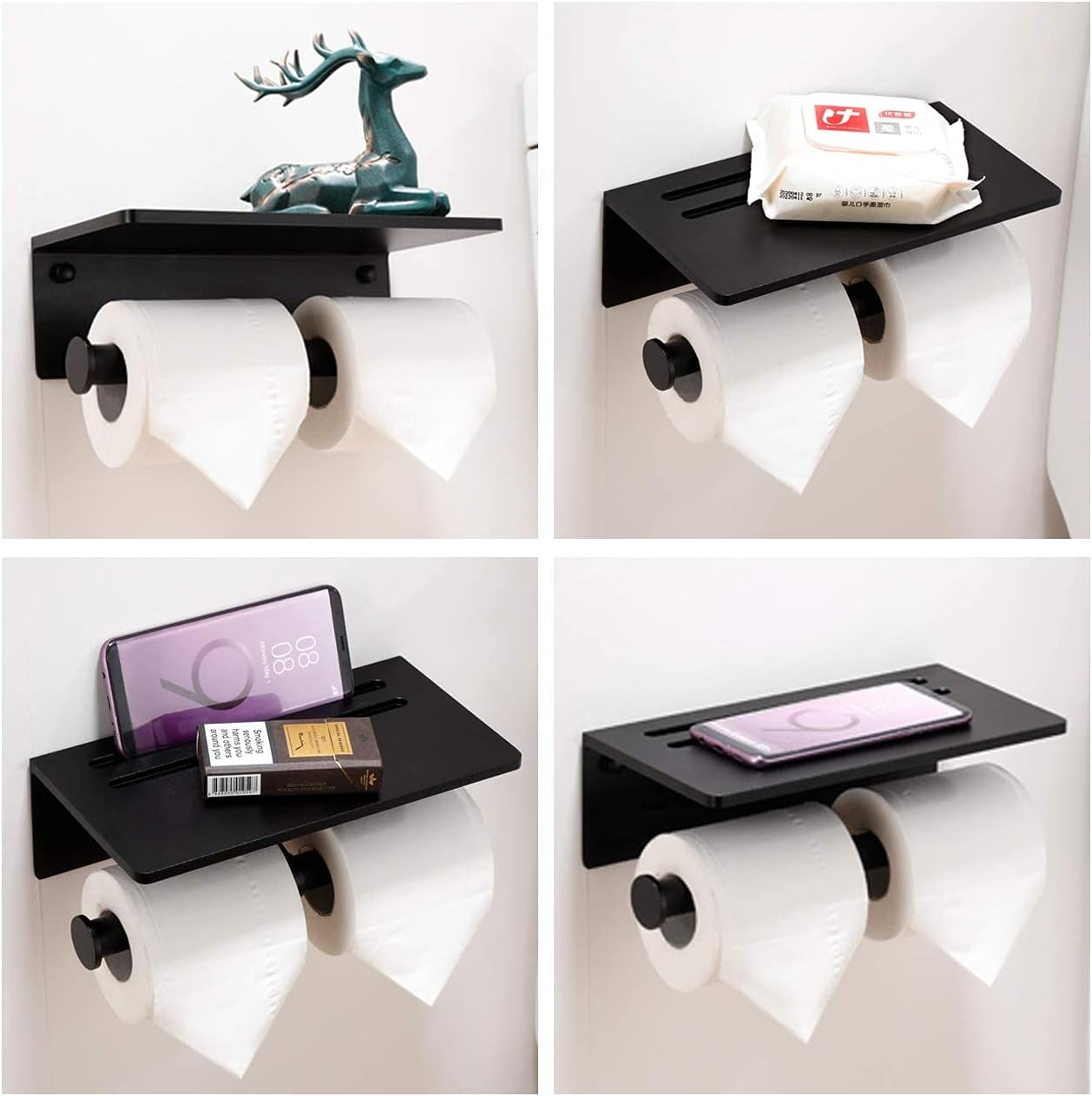 Toilet Paper Holder - Aluminium Double Roll Toilet Tissue Holder with Mobile Phone Shelf for Bathroom, 3M Self Adhesive No Drilling or Wall-Mounted with Screws, Rustproof Modern Style Black