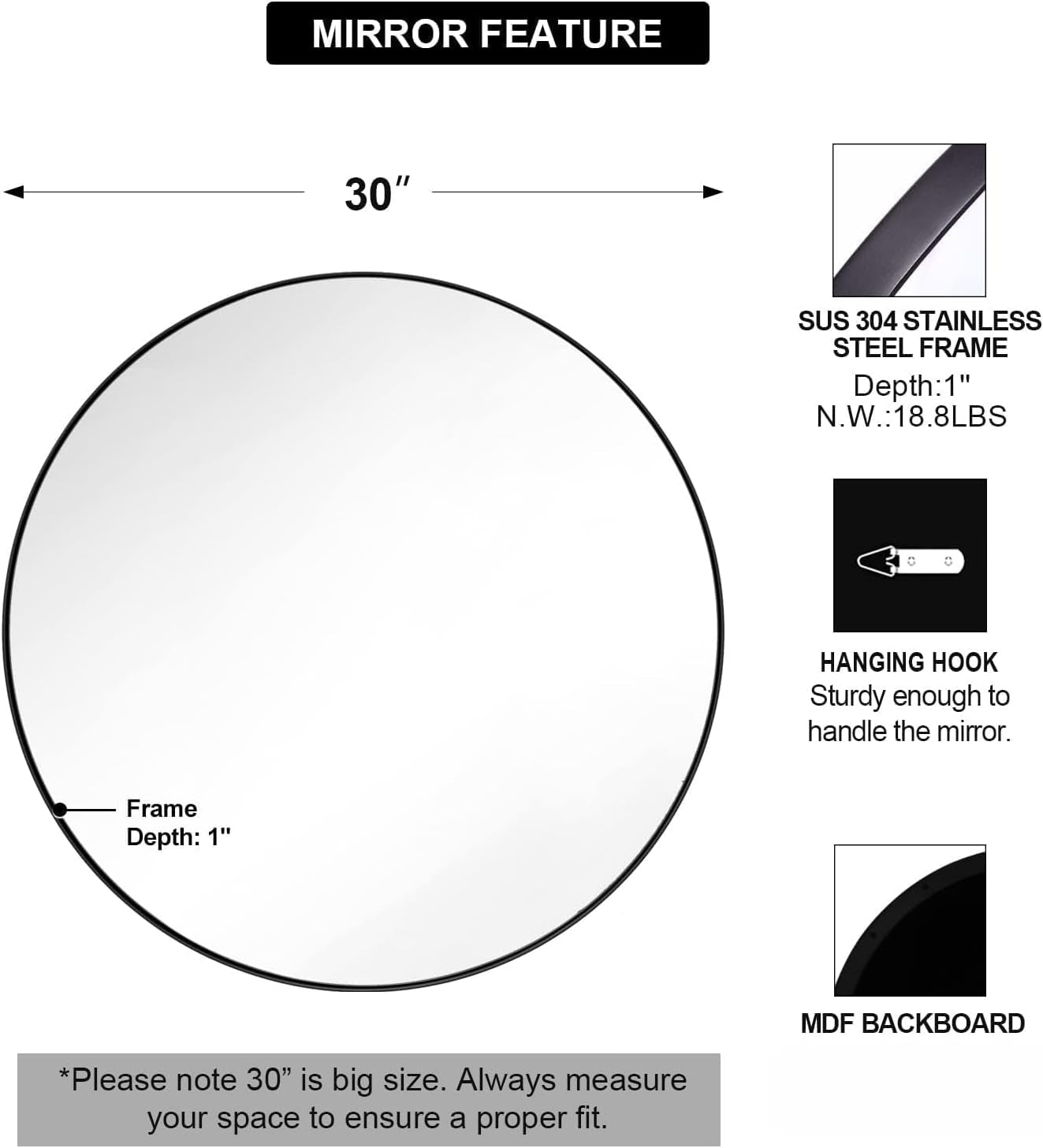 round Wall Mirror for Bathroom, 30 Inch Black Circle Mirror Modern Premium Stainless Steel Metal Frame Wall Mounted for Bathroom, Entryway, Vanity, Living Room, Bedroom