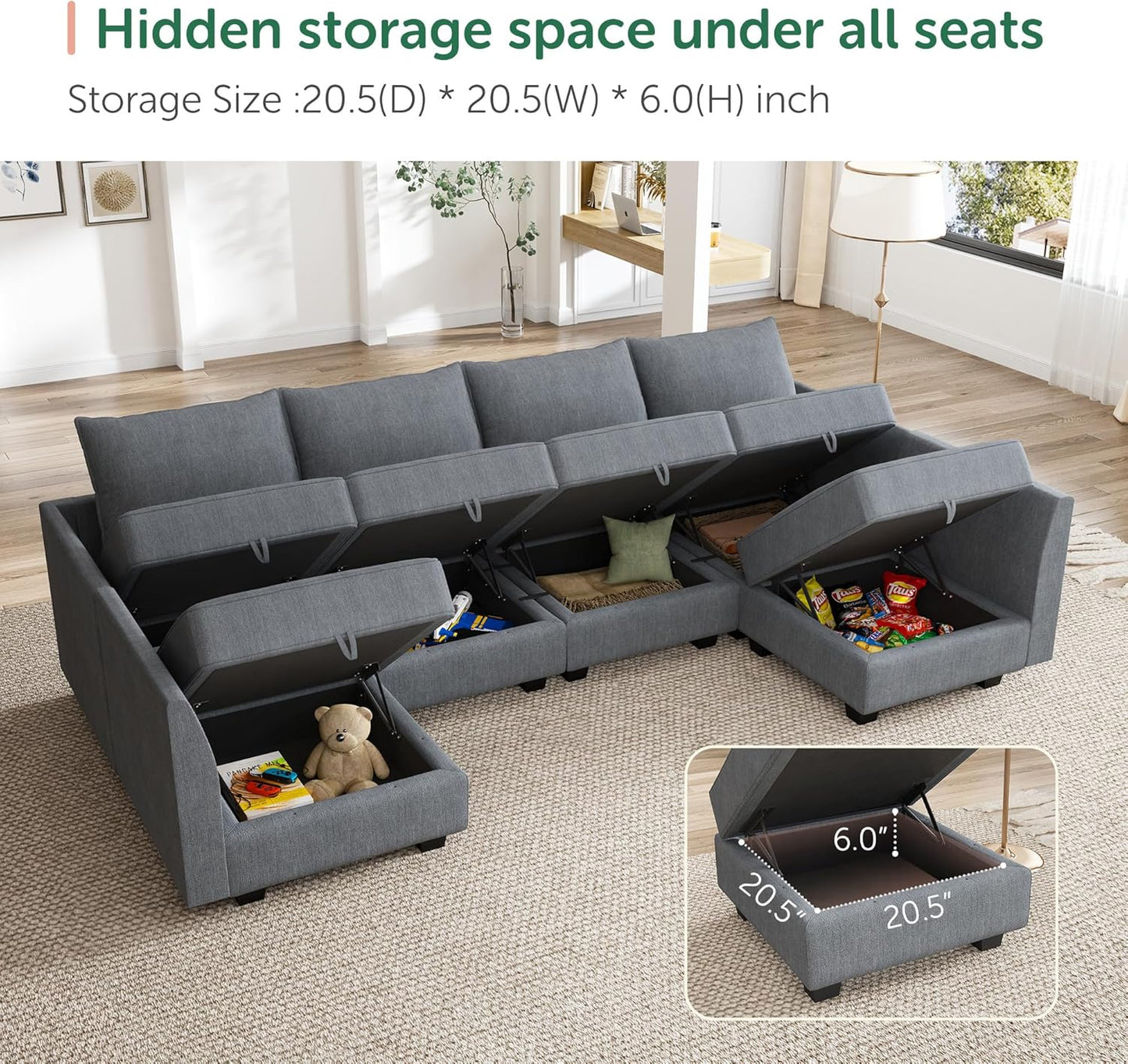 Modular Sectional Couch U-Shaped Modular Sofa, Sectional Couch with Storage Seats Convertible Sofa for Living Room, Bluish Grey