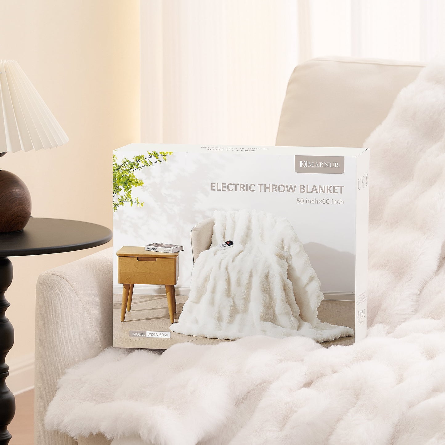 Electric Throw Blanket 50"X60", Faux Fur Heated Throw, 6 Heating Levels, 4 Hours Timer - White