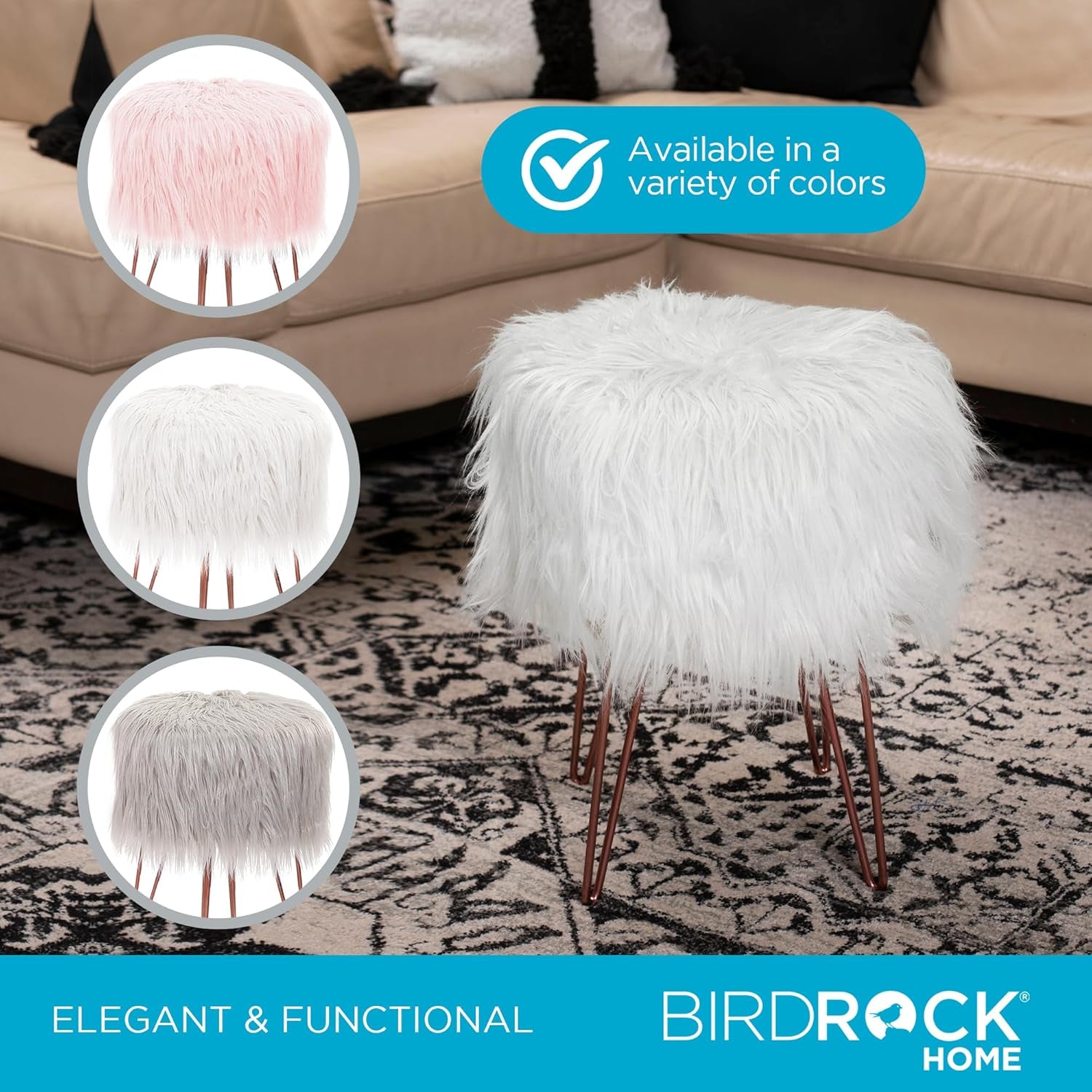White Faux Fur Vanity Stool Chair