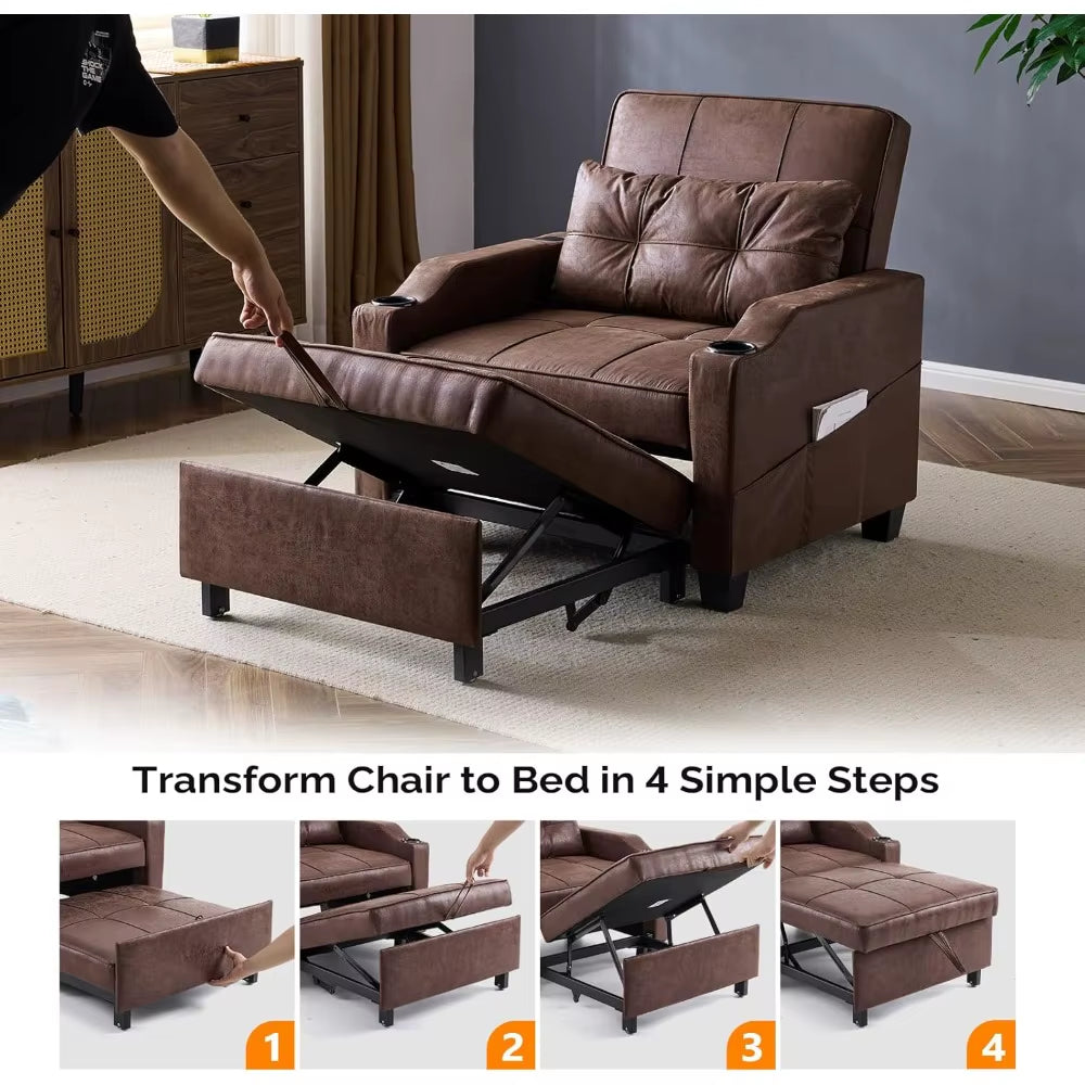 Sofa Bed Chair Recliner, 3-In-1 Convertible Sleeper Sofa Chair Bed Rustic Daybed Pull Out Couch Bed - NEW