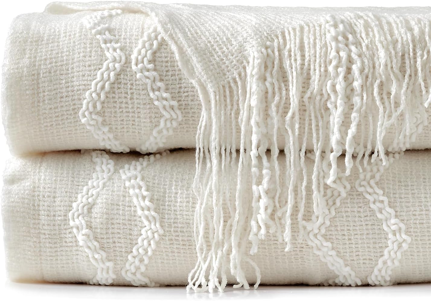 Fluffy Chenille Knitted Fringe Throw Blanket Lightweight Soft Cozy for Bed Sofa Chair Throw Blankets, off White 50" X 60"