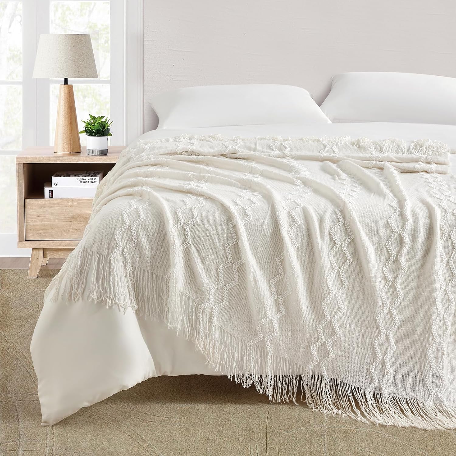 Fluffy Chenille Knitted Fringe Throw Blanket Lightweight Soft Cozy for Bed Sofa Chair Throw Blankets, off White 50" X 60"