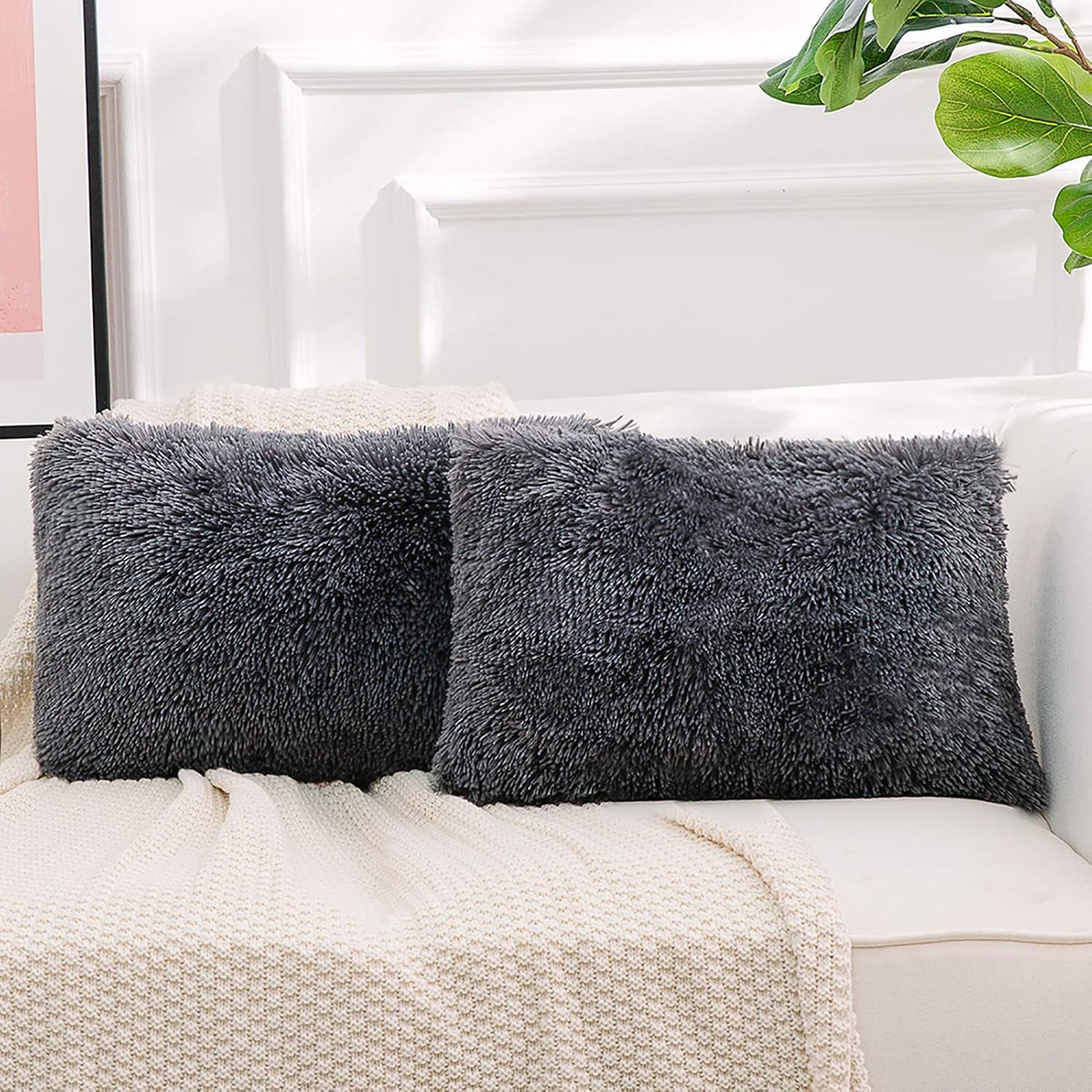 Luxury Soft Faux Fur Fleece Cushion Cover Pillowcase Decorative Throw Pillows Covers, No Pillow Insert, 12" X 20" Inch, Dark Grey, 2 Pack