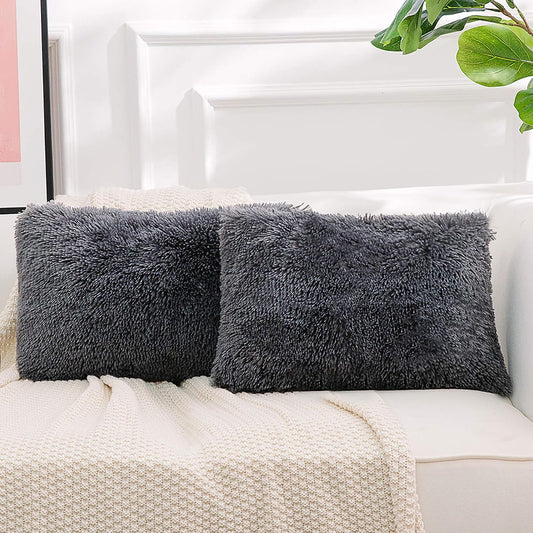 Luxury Soft Faux Fur Fleece Cushion Cover Pillowcase Decorative Throw Pillows Covers, No Pillow Insert, 12" X 20" Inch, Dark Grey, 2 Pack