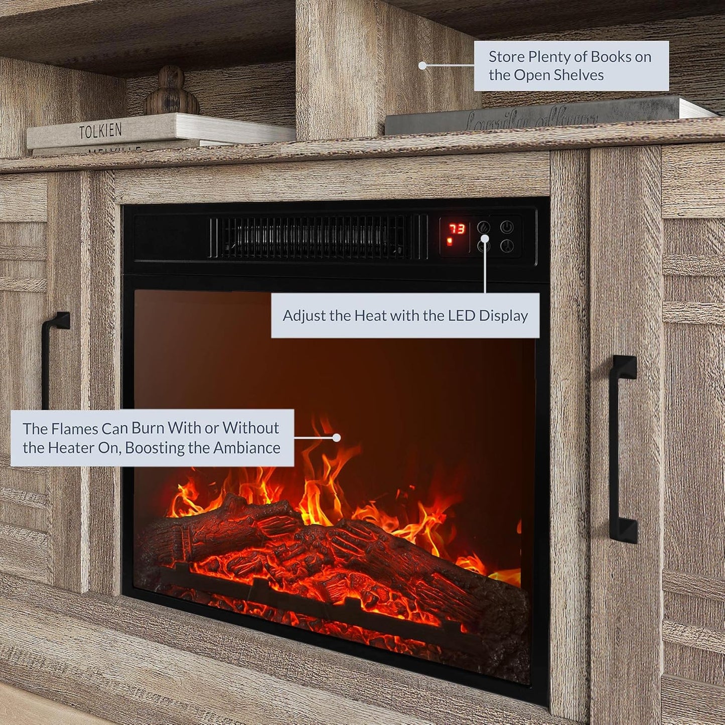 48" TV Stand with 18" Electric Fireplace Heater, Modern TV Stand for Tvs up to 50", Entertainment Media Stand with Open Shelves and Storage Cabinets for Living Room, Bedroom (Ashland Pine)