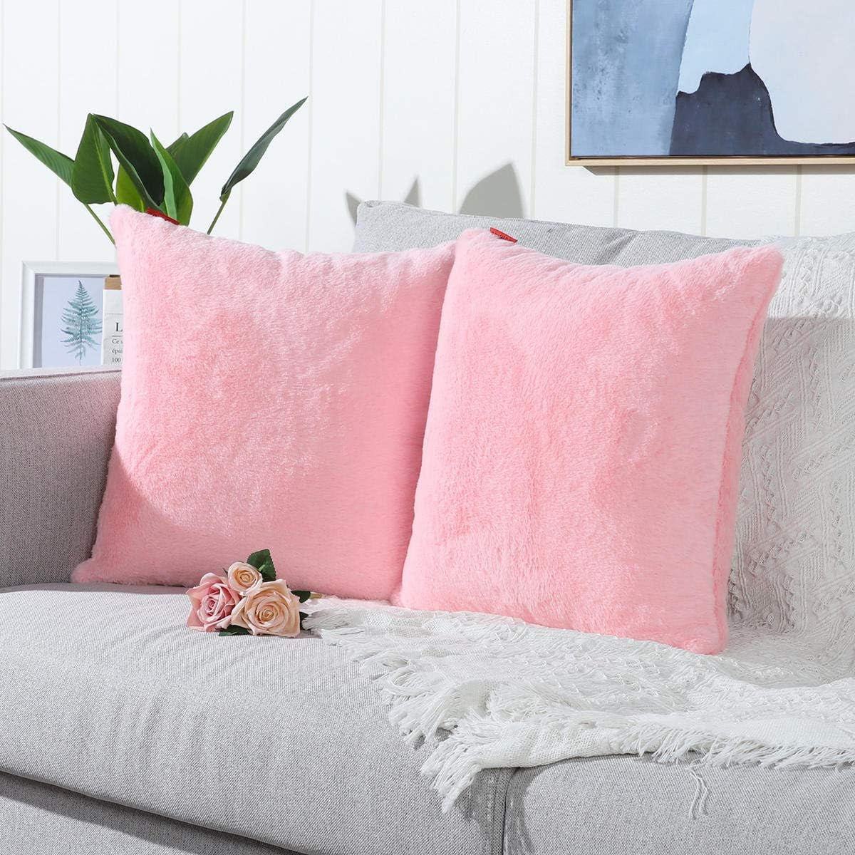 Pack of 2 Pink Faux Fur Fuzzy Cozy Soft Decorative Throw Pillow Covers Set Cushion Cases Pillowcases for Sofa Bedroom Car 18X18 Inches