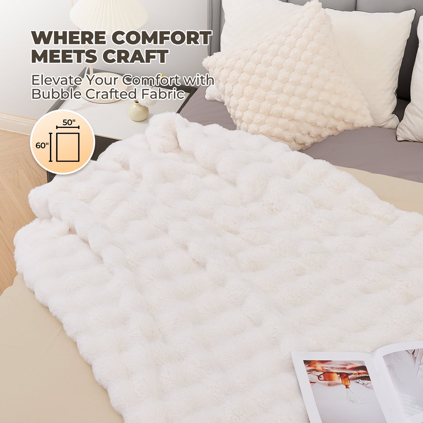 Electric Throw Blanket 50"X60", Faux Fur Heated Throw, 6 Heating Levels, 4 Hours Timer - White