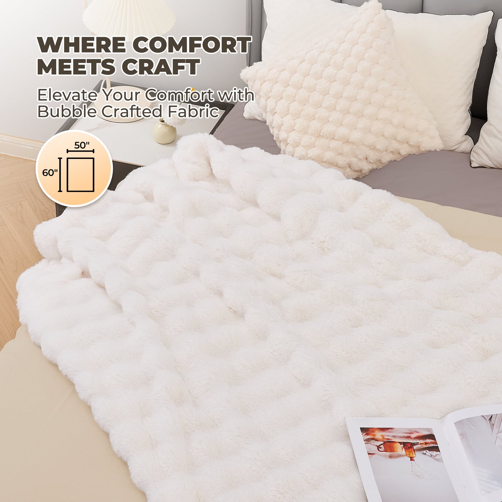 Electric Throw Blanket 50"X60", Faux Fur Heated Throw, 6 Heating Levels, 4 Hours Timer - White