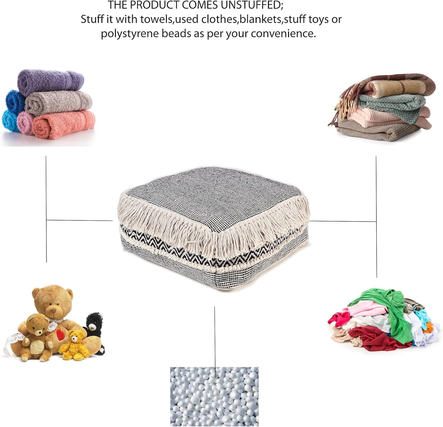 · UNSTUFFED Pouf Ottoman Cover Textured Storage Cube Boho Bean Bag Footrest Stool for Living Room, Bedroom,Nursery, Farmhouse, Kidsroom, Patio, Gym; 100% Cotton (20"X20"X8"; Black)