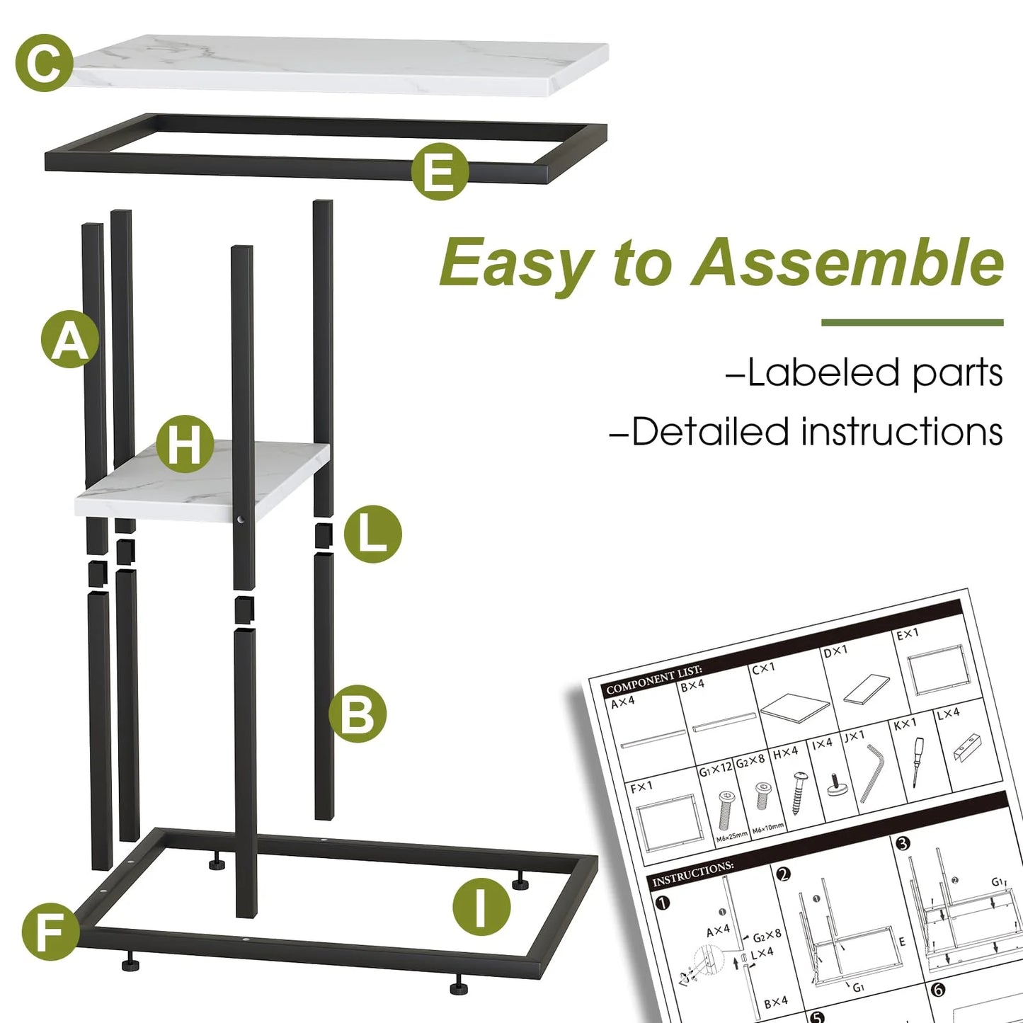 Easy Paws C Shaped End Table,Small Side Table for Couch and Bed, Gold Snack Couch Table for Small Spaces, Living Room, Bedroom,Bedside (White Marble)