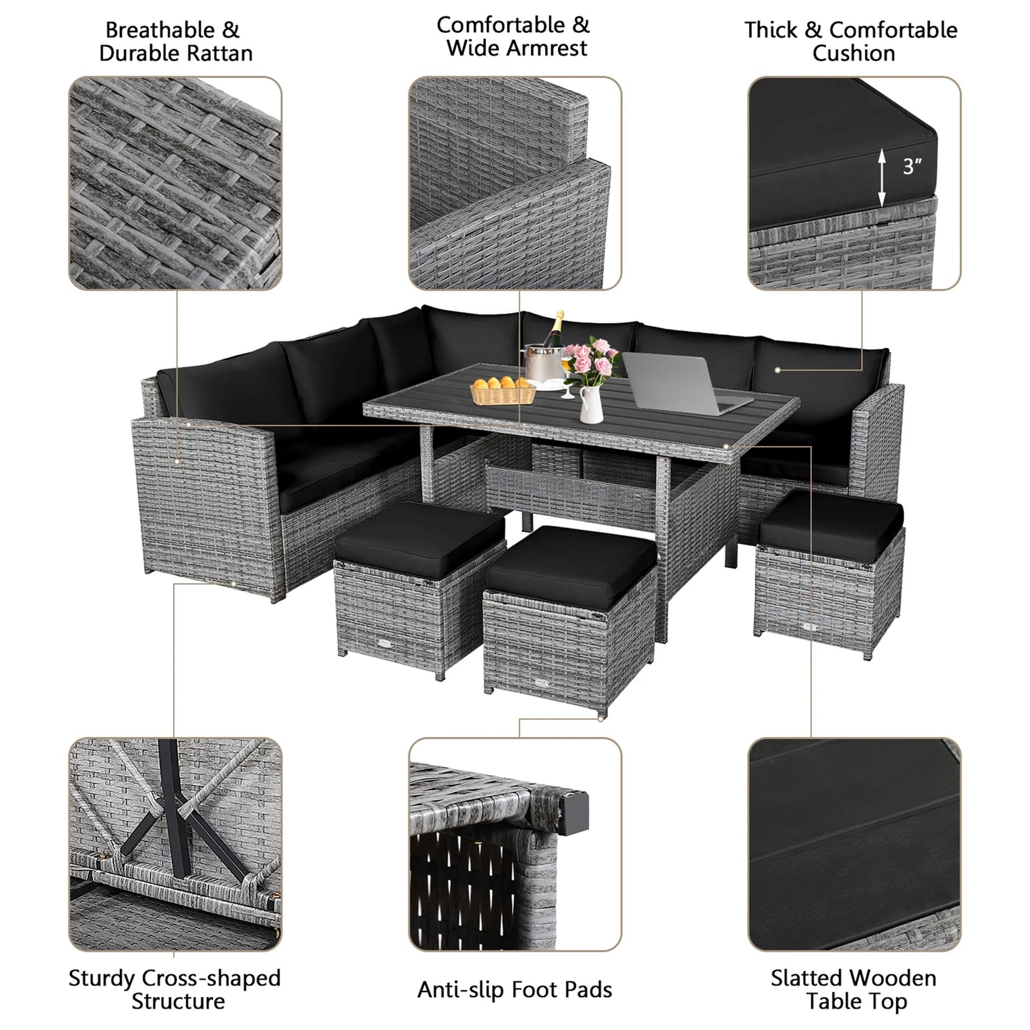 7PCS Rattan Patio Sectional Sofa Set Conversation Set W/ Black Cushions