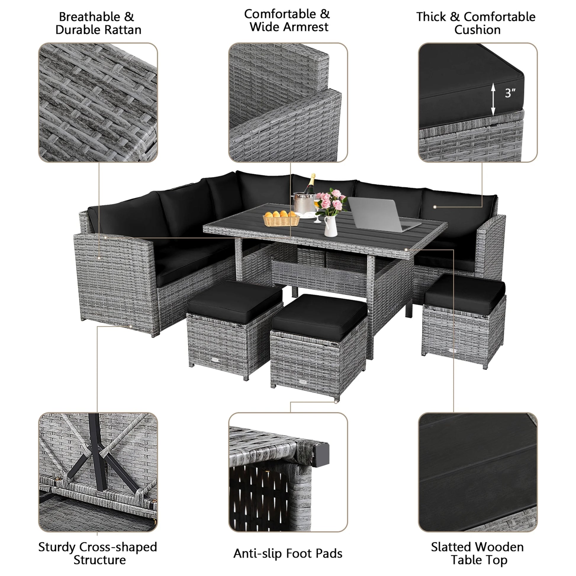 7PCS Rattan Patio Sectional Sofa Set Conversation Set W/ Black Cushions