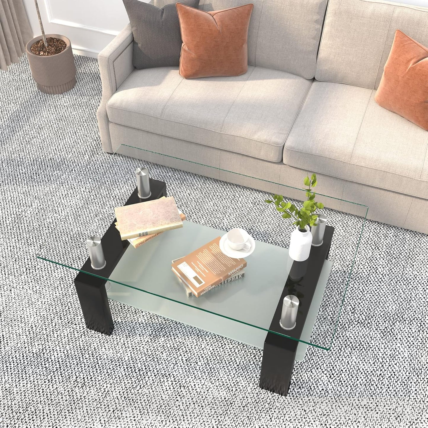 Rectangle Glass Coffee Table 2-Tier Tea Table Modern Side Coffee Table for Living Room Black