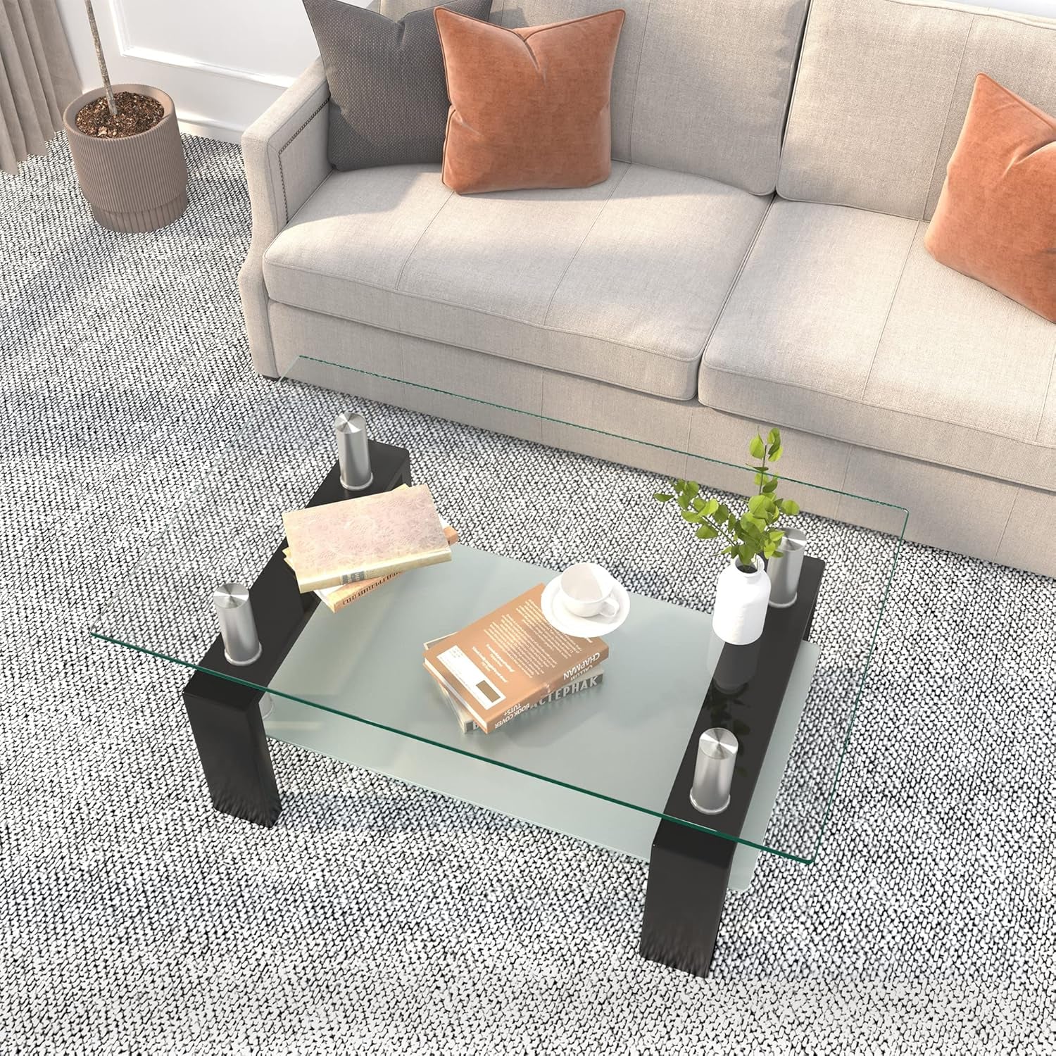 Rectangle Glass Coffee Table 2-Tier Tea Table Modern Side Coffee Table for Living Room Black