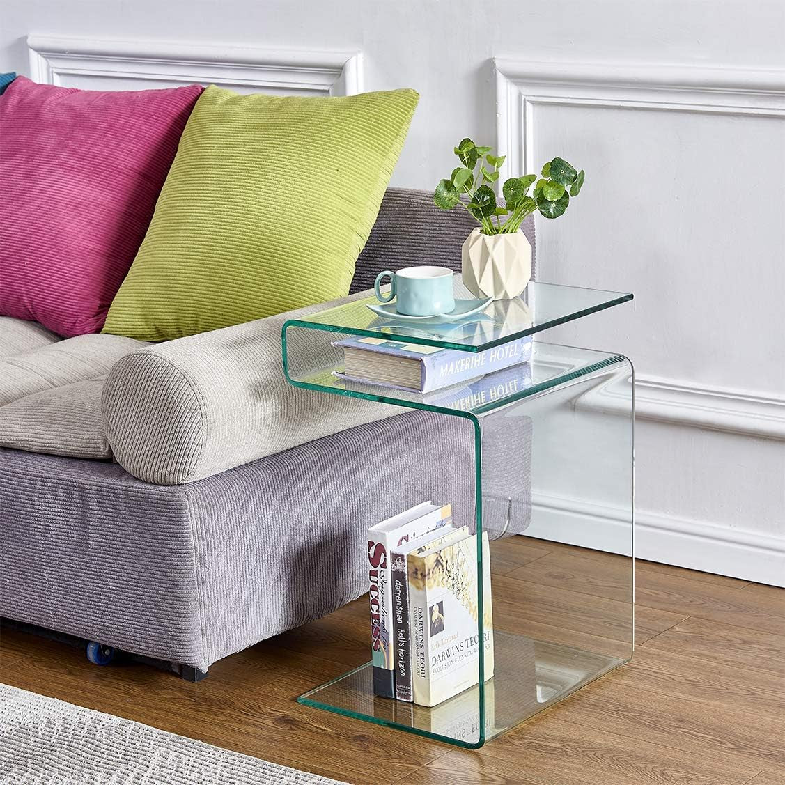 Glass Nightstand,Side Table,S-Shaped End Table for Living Room,Bedside Table for Bedroom (Clear)