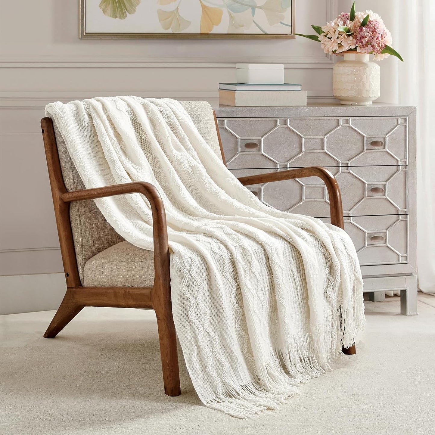 Fluffy Chenille Knitted Fringe Throw Blanket Lightweight Soft Cozy for Bed Sofa Chair Throw Blankets, off White 50" X 60"
