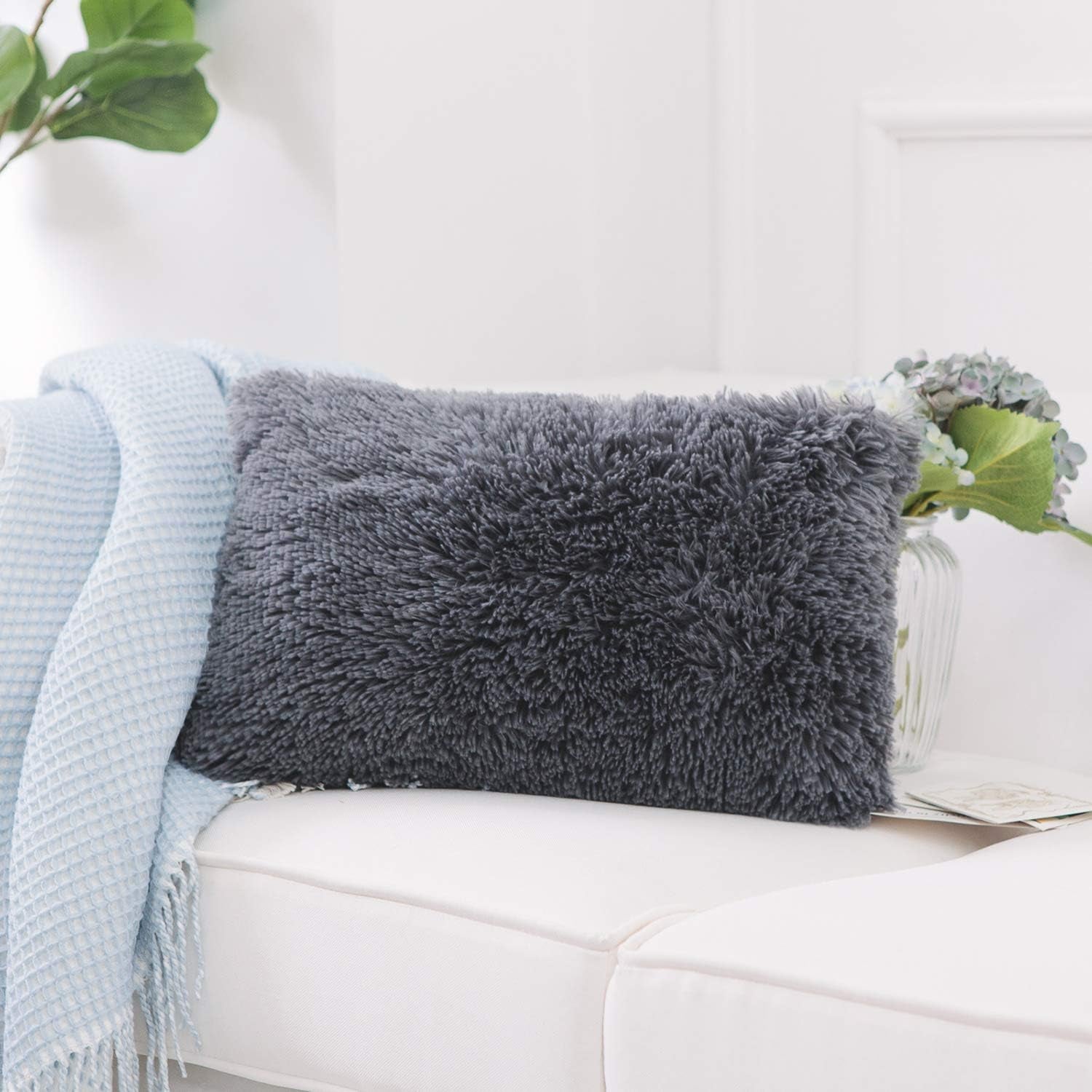 Luxury Soft Faux Fur Fleece Cushion Cover Pillowcase Decorative Throw Pillows Covers, No Pillow Insert, 12" X 20" Inch, Dark Grey, 2 Pack