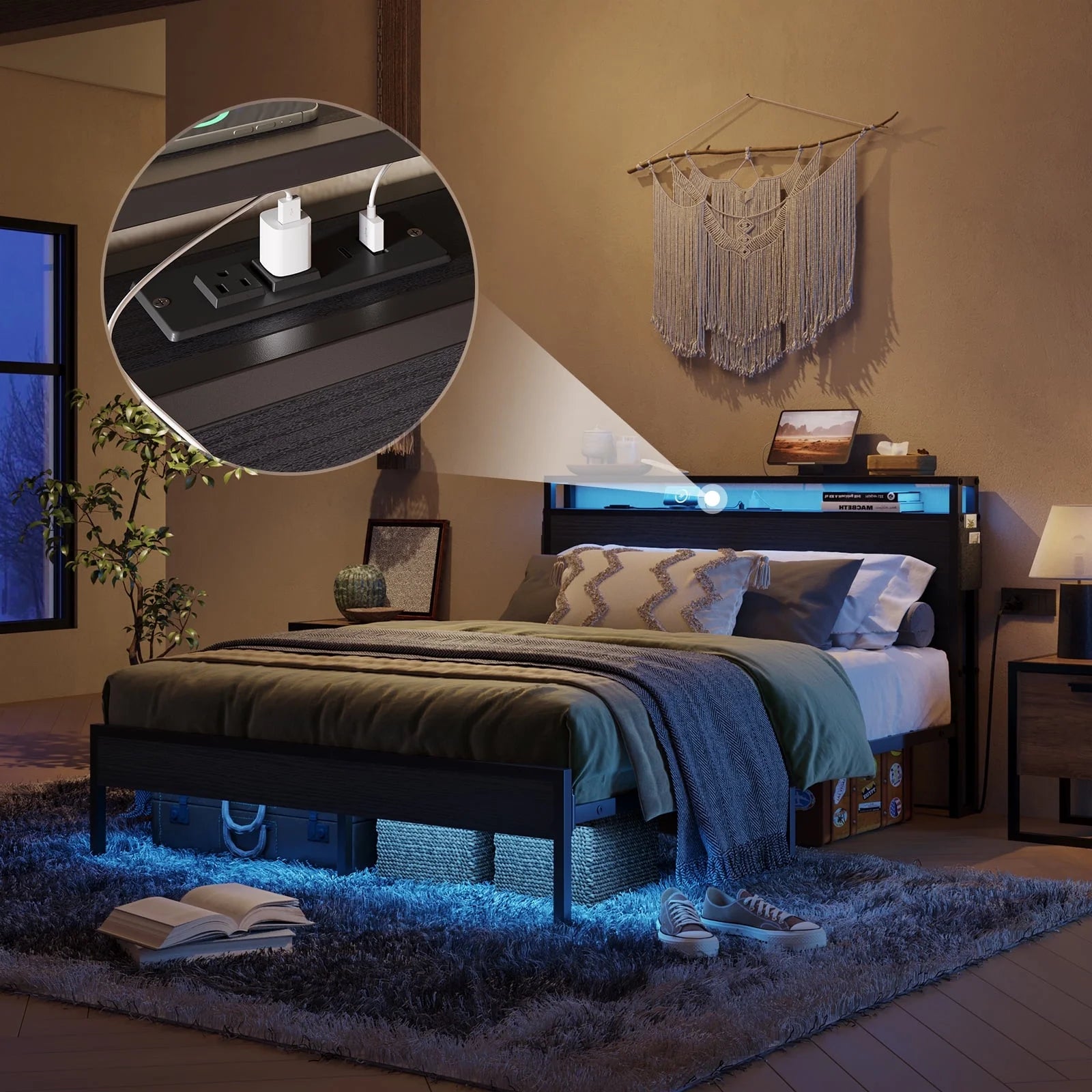 Full Size Bed Frame with Charging Station and 2 USB Ports and Outlets,Led Light Storage Headboard,Noise Free Design, Black