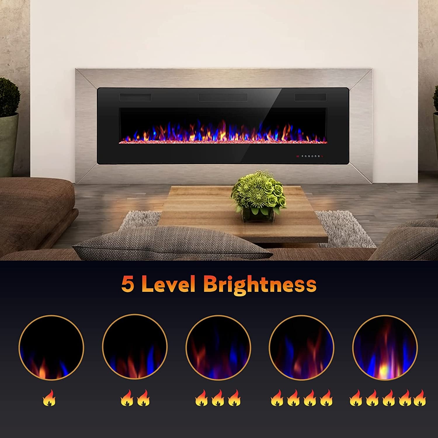 68 Inch Recessed and Wall Mounted Electric Fireplace, Ultra Thin and Low Noise,Fit for 2 X 6 Stud, Remote Control with Timer,Touch Screen,Adjustable Flame Color and Speed
