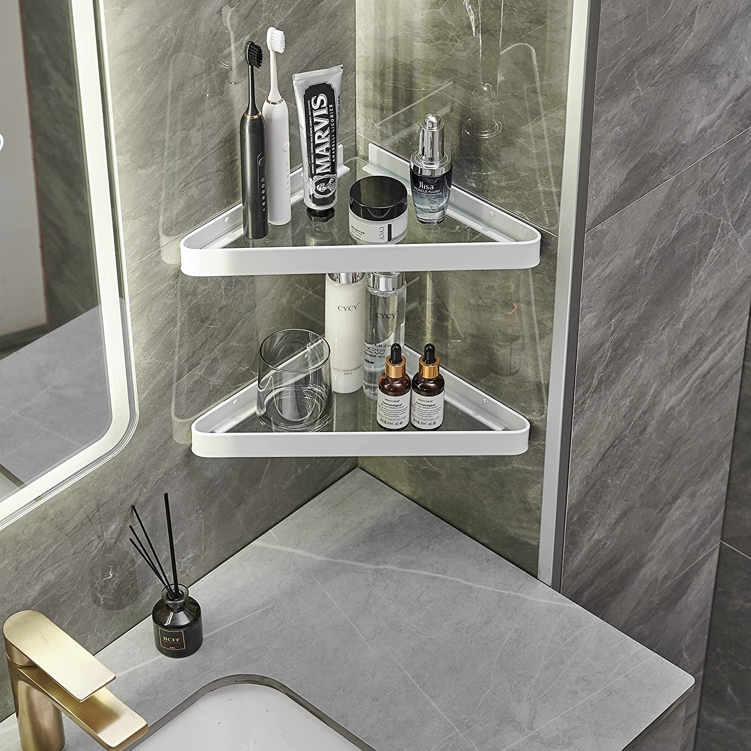 Bathroom Shelves Wall Mounted Glass Corner Shelf for Bathroom Floating Shelf Tempered Glass Wall Organizer 2-Tier(White)