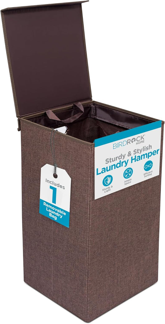 Single Laundry Hamper with Lid and Removable Liner | Linen | Easily Transport Laundry | Foldable Hamper | Cut Out Handles