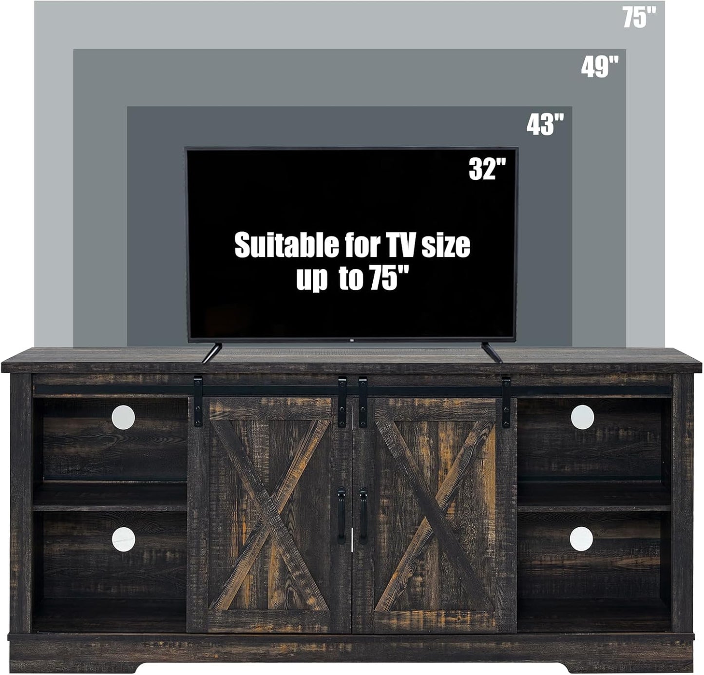 66" Farmhouse TV Stand for 75 Inches Tvs, Entertainment Center with Sliding Barn Door and Adjustable Shelf & Feet, Console Table with Storage, Dark Rustic Oak
