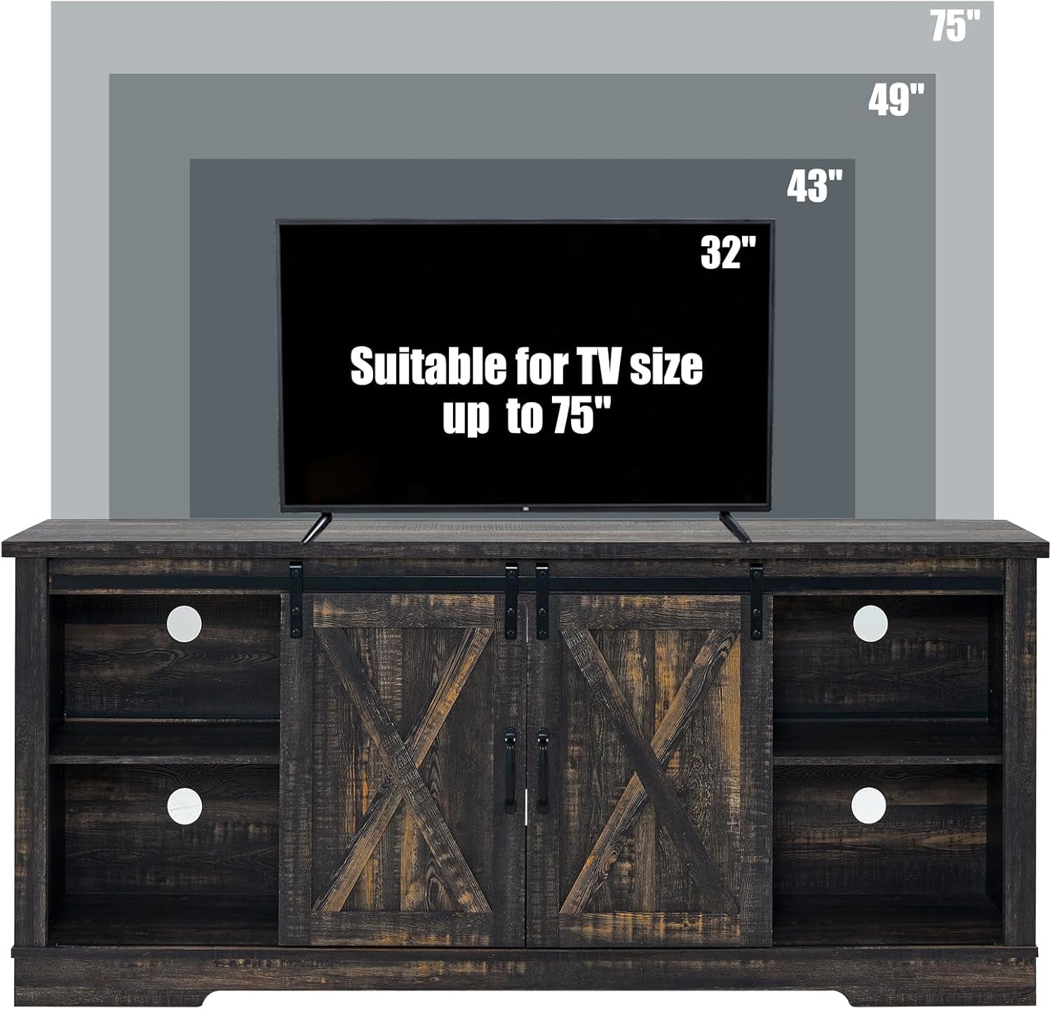 66" Farmhouse TV Stand for 75 Inches Tvs, Entertainment Center with Sliding Barn Door and Adjustable Shelf & Feet, Console Table with Storage, Dark Rustic Oak