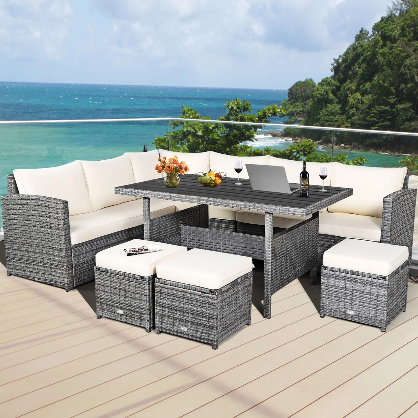 7PCS Rattan Patio Sectional Sofa Set Conversation Set W/ White Cushions
