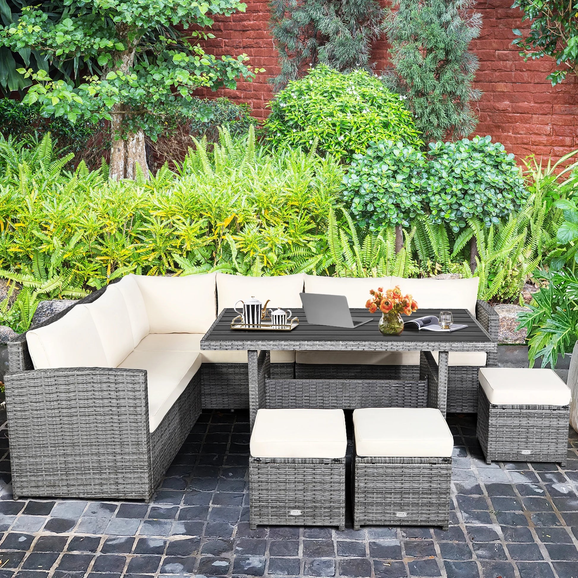 7PCS Rattan Patio Sectional Sofa Set Conversation Set W/ White Cushions