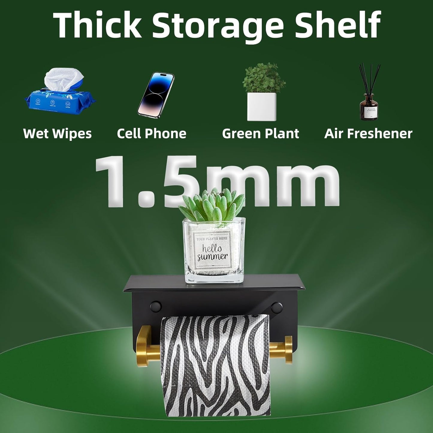 Black Gold Toilet Paper Holder with Phone Shelf, 304 Stainless Steel Bathroom Paper Holder Wall Mounted, Heavy Duty Tissue Roll Dispenser